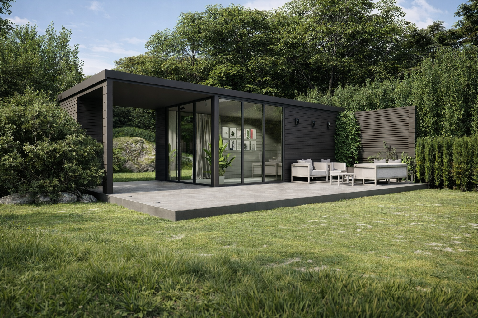 Dark modular garden studio in a landscaped yard